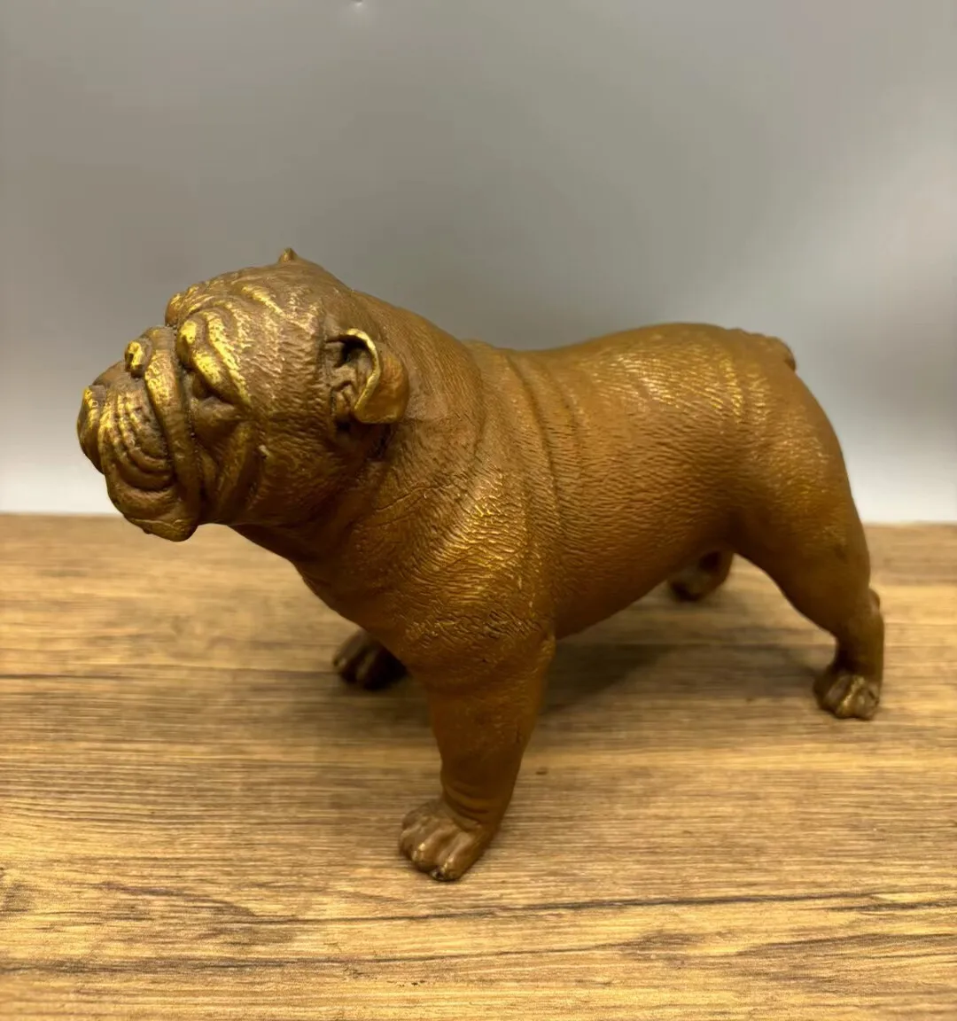 Antique Old Bronze Bulldog Statues Hand Carved Fu Foo Dogs Statue 18.5x13cm
