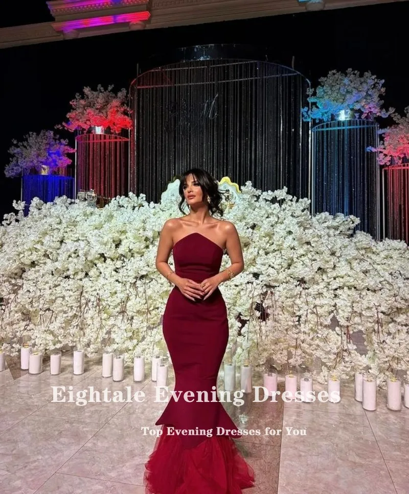 Gaun malam Eightale Burgundy gaun Prom Tulle tanpa tali gaun pesta pernikahan elastis Kustom jubah putri duyung De Soiree