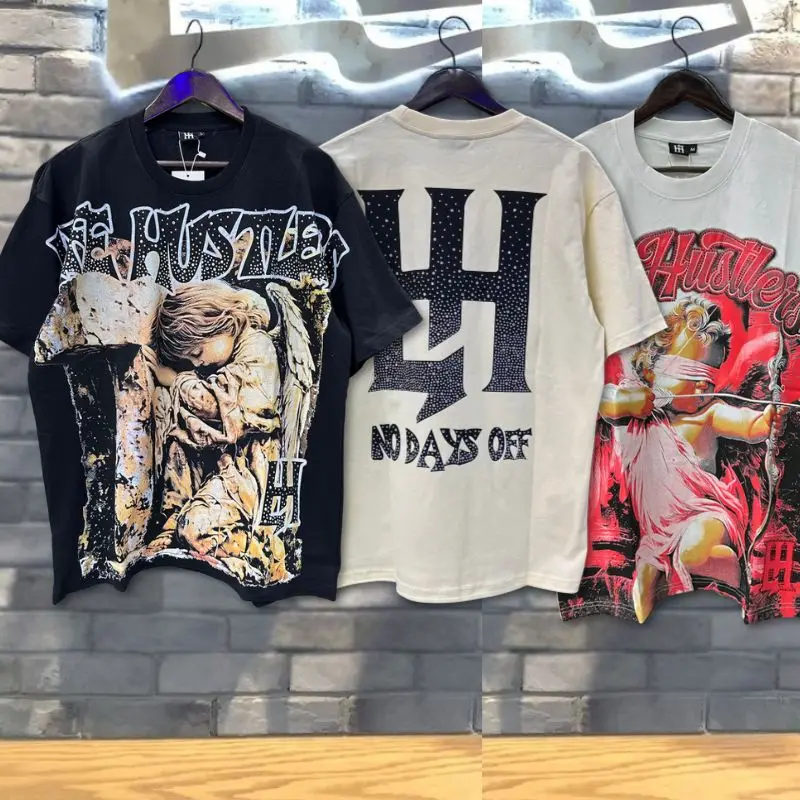 26ss Summer Life Hustlers Tshirts Prayer Angel Printed Hot Diamond Cotton Round Neck Short Sleeve Men Women Street Outfit Tops