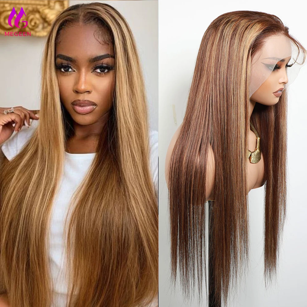 

Megeen Highlight P4/27 Colored Straight 100% Human Hair 13X4 Lace Frontal Wig Human Hair Pre Plucked Honey Blonde Lace Front Wig