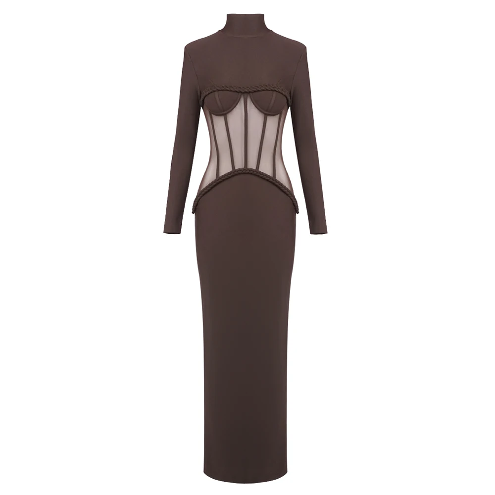 Luxe pure korset bruine lange jurken voor dames – doorzichtige bodycon maxi-jurk met lange mouwen en hoge hals en mesh-tailledetail