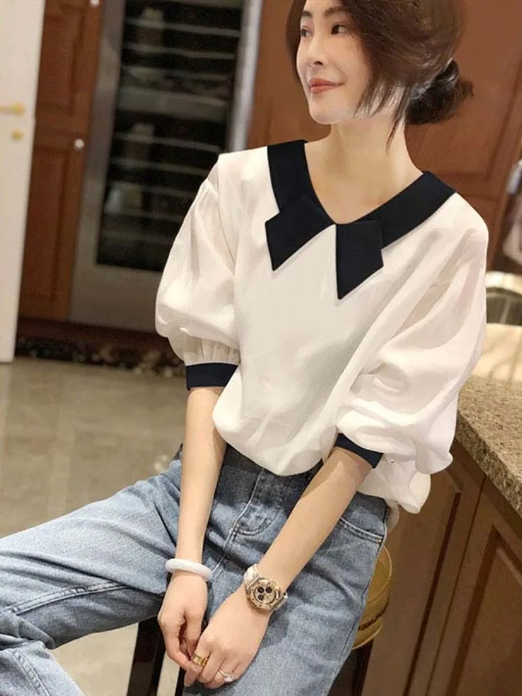 2024 Summer Blouse Women Clothes Short Sleeve Contrast Color All Match Temperament Shirts Blouses Vintage Tops Camisas De Mujer