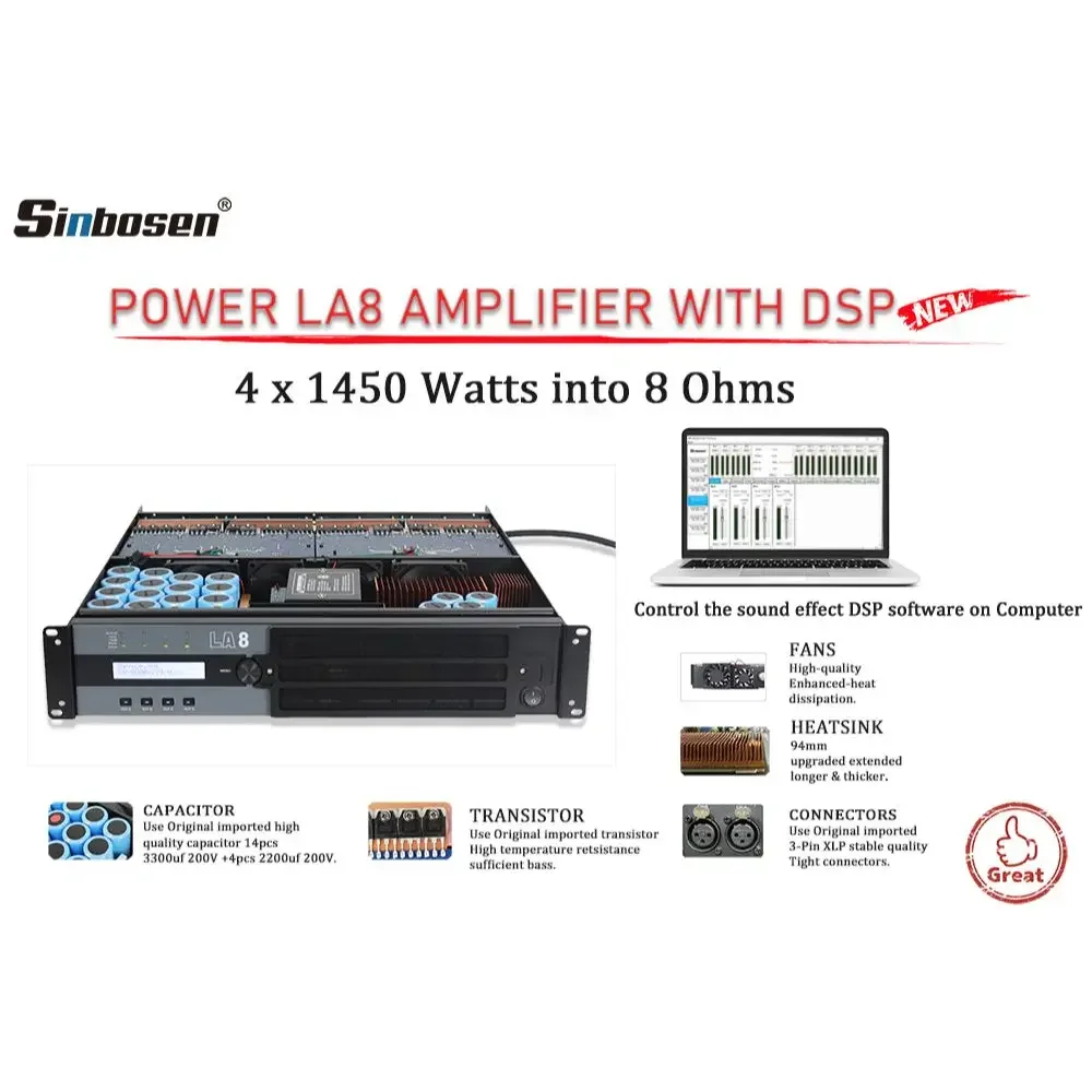 

LA8 sinbosen class td dsp processor 1500w power amplifier for stage performance