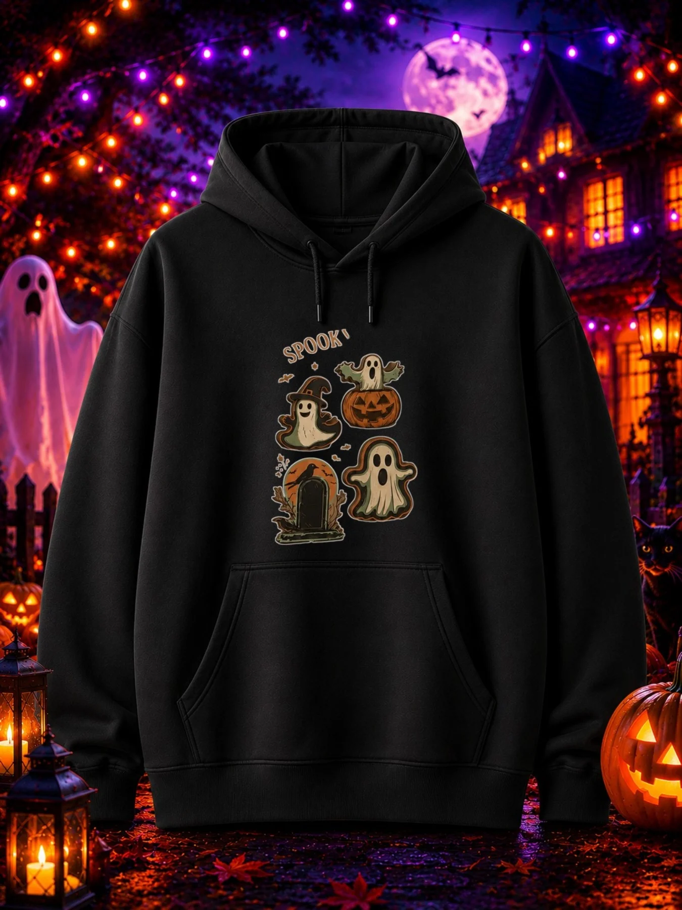 Halloween Men's Sweatshirt Spooki Letters Cute Ghost Ghost Lights Tombstone Crow Vintage Halloween Print