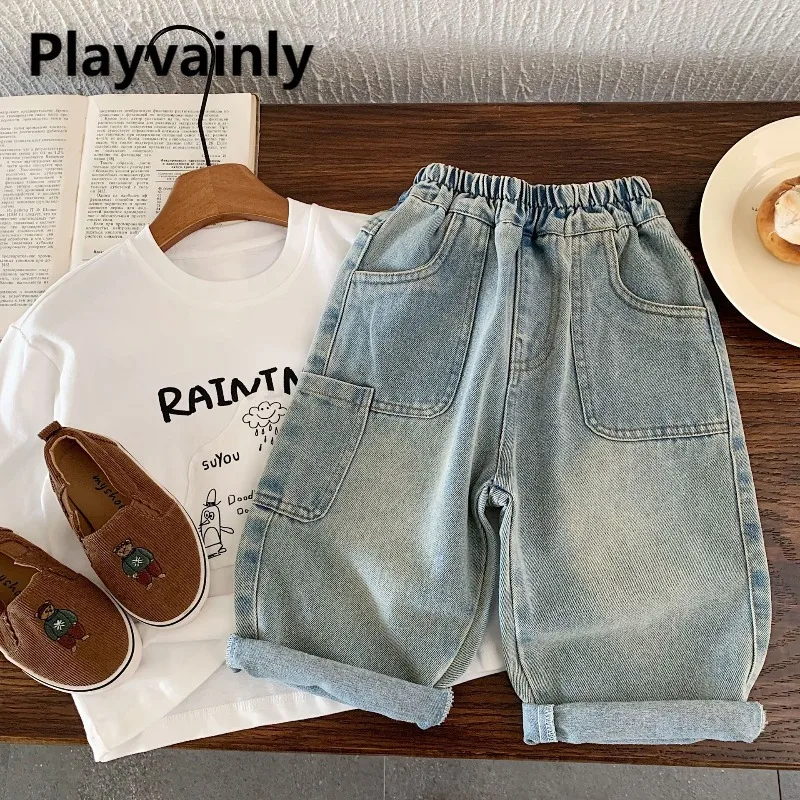 

Korean Style Kids Jeans Spring Autumn Elastic Waist Big Pocket Wide Leg Pants Boys Girls Casual Versatile Denim Trousers A5509