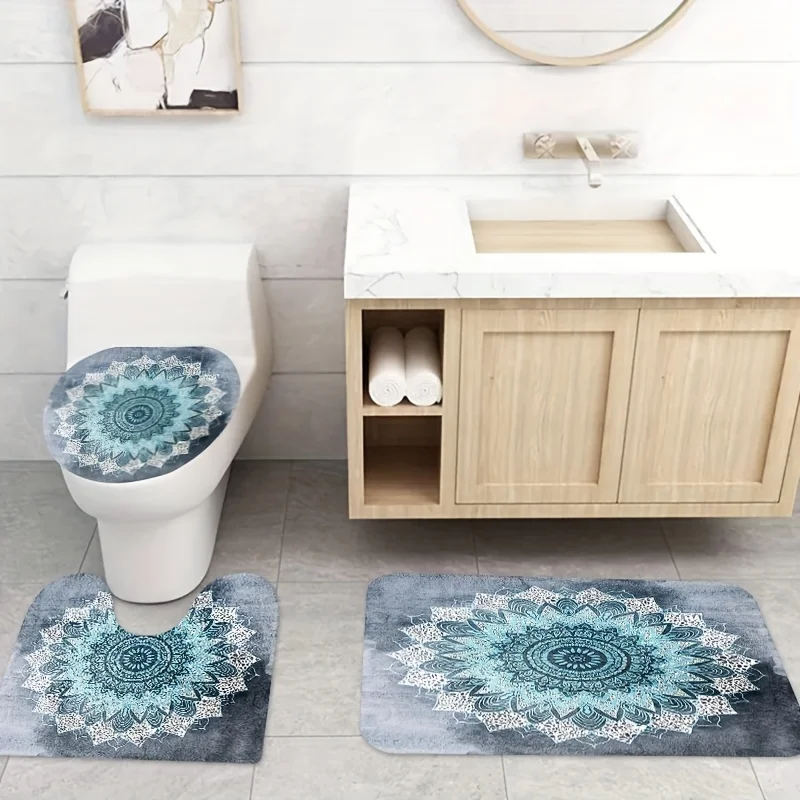 Mandala Pattern Bathroom Set: Includes 4 Pieces - Shower Curtain, 2 Bath Mats, Toilet Seat Cover, and Bidet Cover - All in Shade