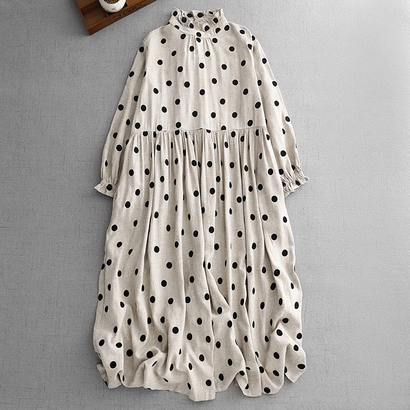 

Artistic Japanese Sle Polka Dot Print Maxi Dr with Ruffle Collar Ba Button Design Slimming Skirt Large Size Women's Sp...