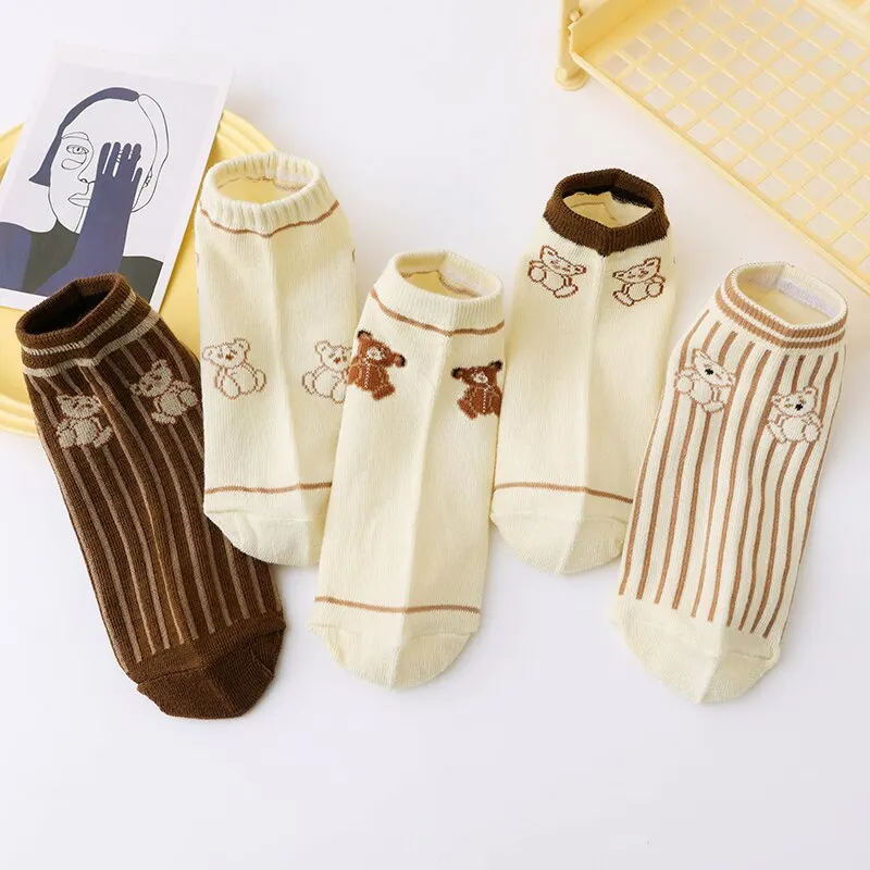 5 Pairs Women Low Tube Socks Set Cute Bear Pattern Fashion Breathable For Female Casual Style Comfortable Socks