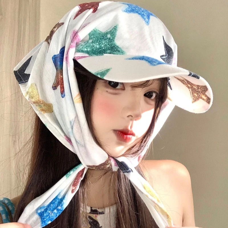 

Niche Korean Color Star Jacquard Strappy Bandana Hat Summer Street Vacation Hip Hop Breathable Sunshade Baseball Cap for Women