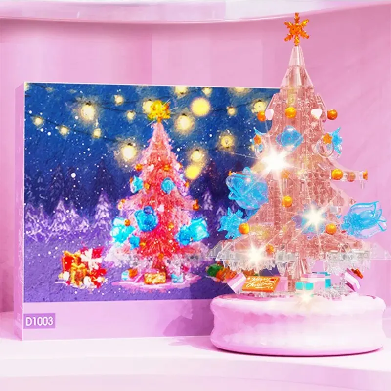 

Pink Christmas Tree Light Music Box Building Blocks Transparent Rose Model Bricks Adult Romantic Holiday Gifts Kids Toys