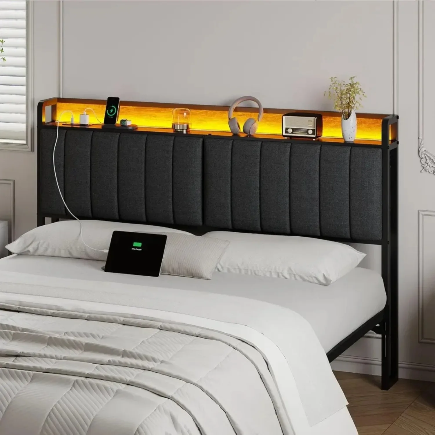 

LED King Size Upholstered Headboard with Charging Station, King Storage Headboard Only, Attach Frame Height Adjustable