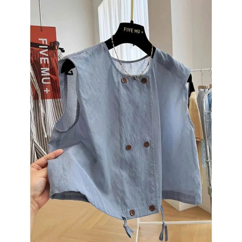 

Cotton Linen Solid Vest Women Summer Korean Style Casual Loose Asymmetric Button Design Sleeveless Tanks O-neck Women Clothing