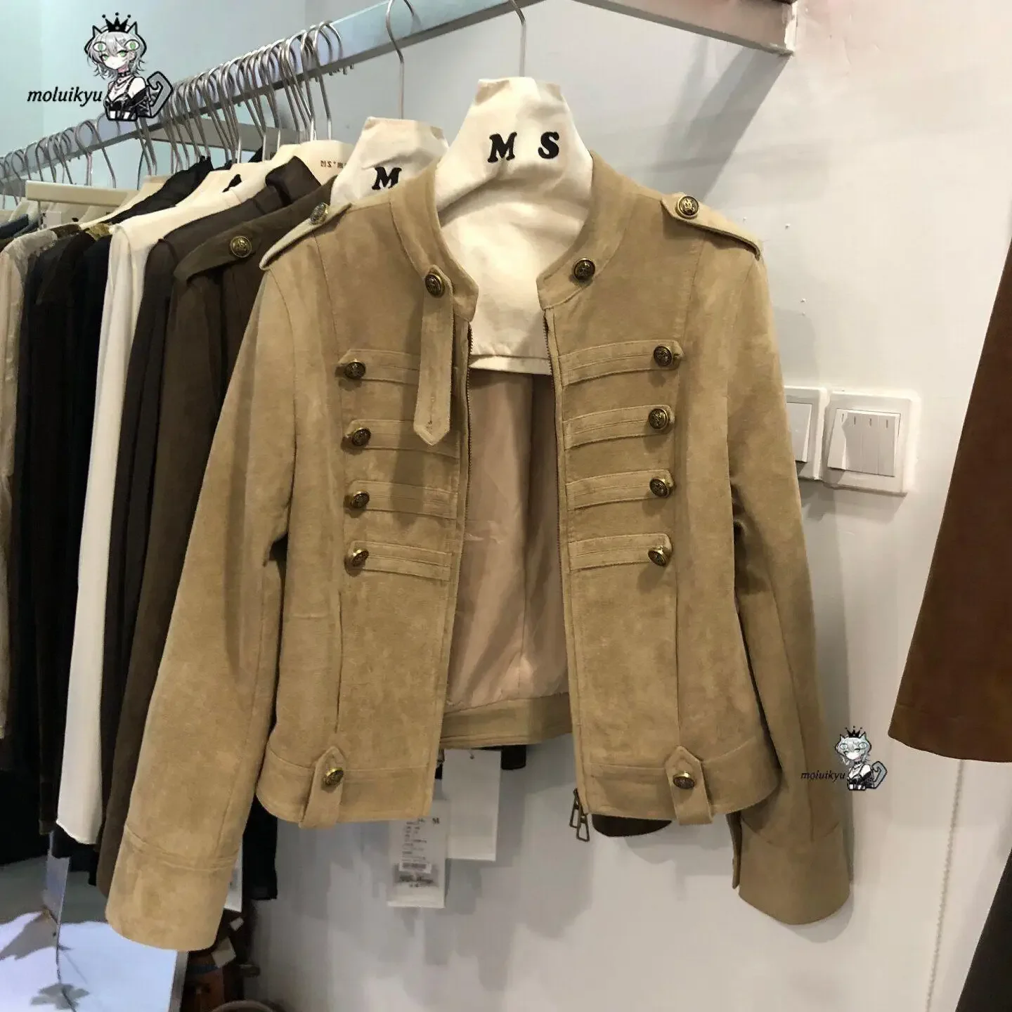 Y2K Vintage Jacket Long Sleeve Double Breasted Women Faux Suede Stand Collar Gold Buttons Decoration Slim Fit Retro Streetwear