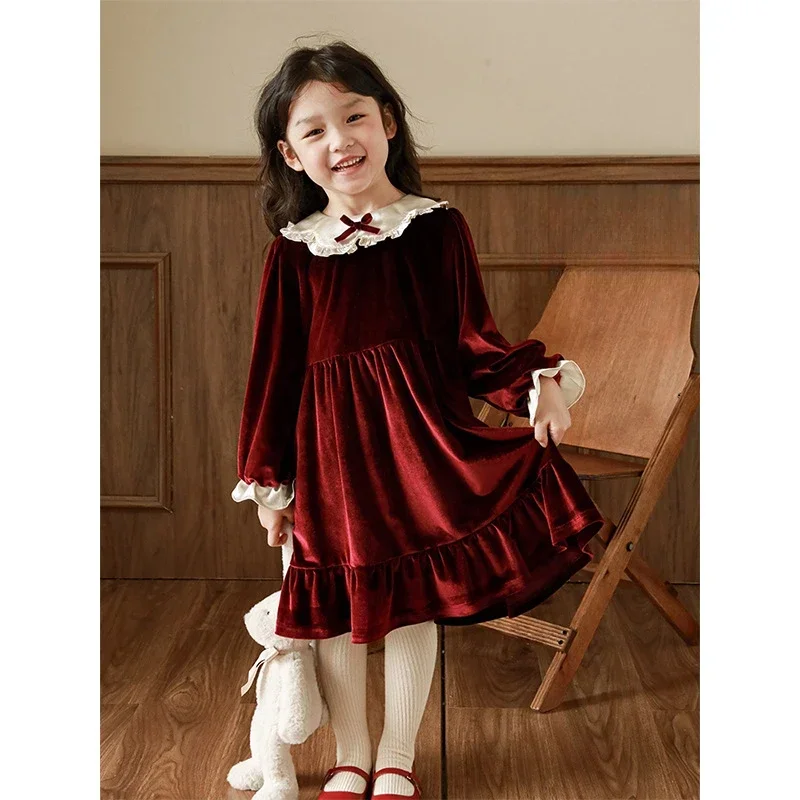 Girl Dress Girls Lapel Lace Dress 2023 Winter New Children Cashmere Warm Princess Skirt Baby Long Skirt Girl Clothes