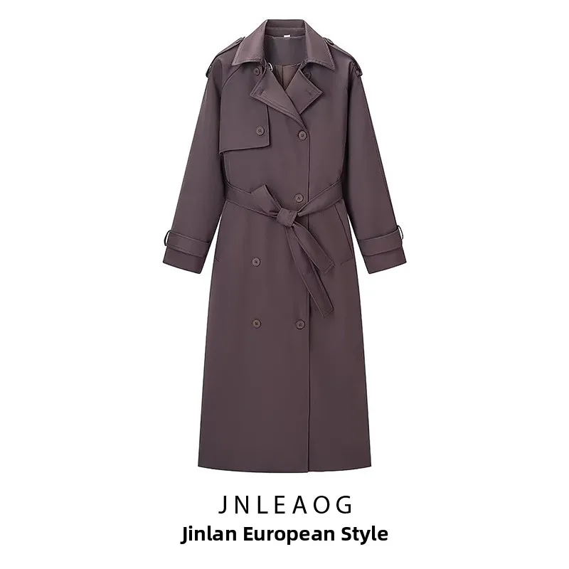 

JNLEAOG Autumn New Women's Long Thiened Windbreaker Coat High-End Feel Commute Sle Polyester Fiber Pure Color Jaet