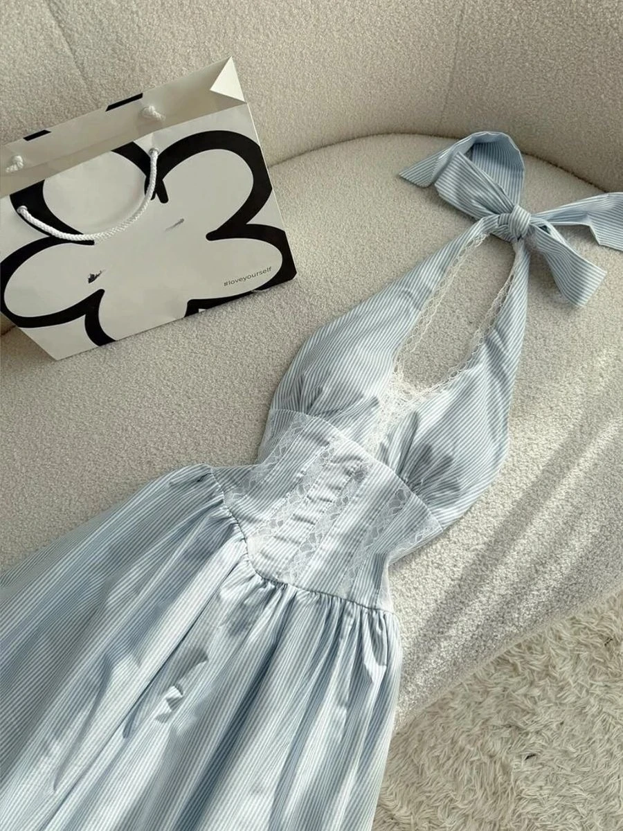 Gothic Vintage Sexy rückenfreies Spitzen-Midikleid, hohe Taille, elegantes Neckholder-Kleid, Sommer-Outfits, schlankes Bandage-Y2k-Kleid, schick