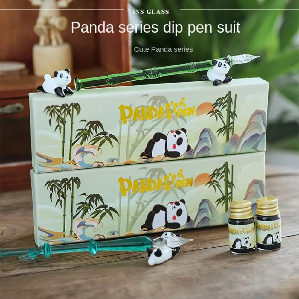 Chiny-Chic Panda Series Glass Dip Pen Stationery Fountain Pens with Ink Signature Dipped Pen Transparent Writing Pen