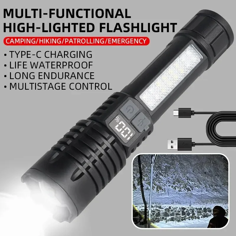 High Power LED Flashlight With Built-in Battery USB Rechargeable Tactical Light With High Brightness Side Light Camping Lantern