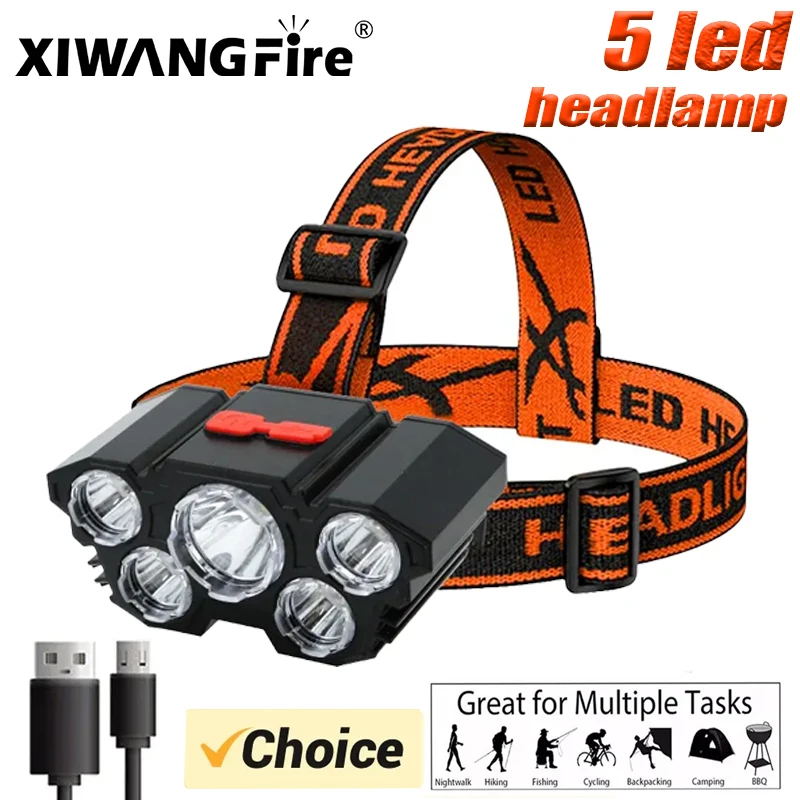 5 LED Headlamp Built in Battery Strong Light Headlight Type-C Rechargeable Outdoor Camping Fishing Adventure Head Flashlight