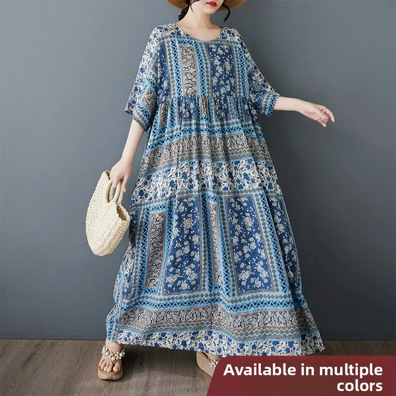 

Новая летняя женская льняная хлопковая одежда большого размера Dr round Ne ort Sve, повседневная одежда для мам среднего возраста, длинная юбка