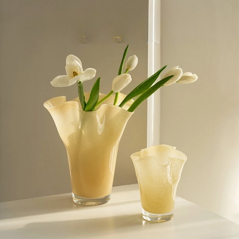 Pleated handmade wavy mouth cabbage glass vase home soft countertop hydroponic fruit plate ornament