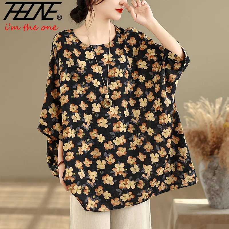 THHONE Plus Size Woman Blouse Cotton Linen Casual Blusa Mujer Camisas Batwing Sleeve Summer Print Loose Shirts Oversized Tops