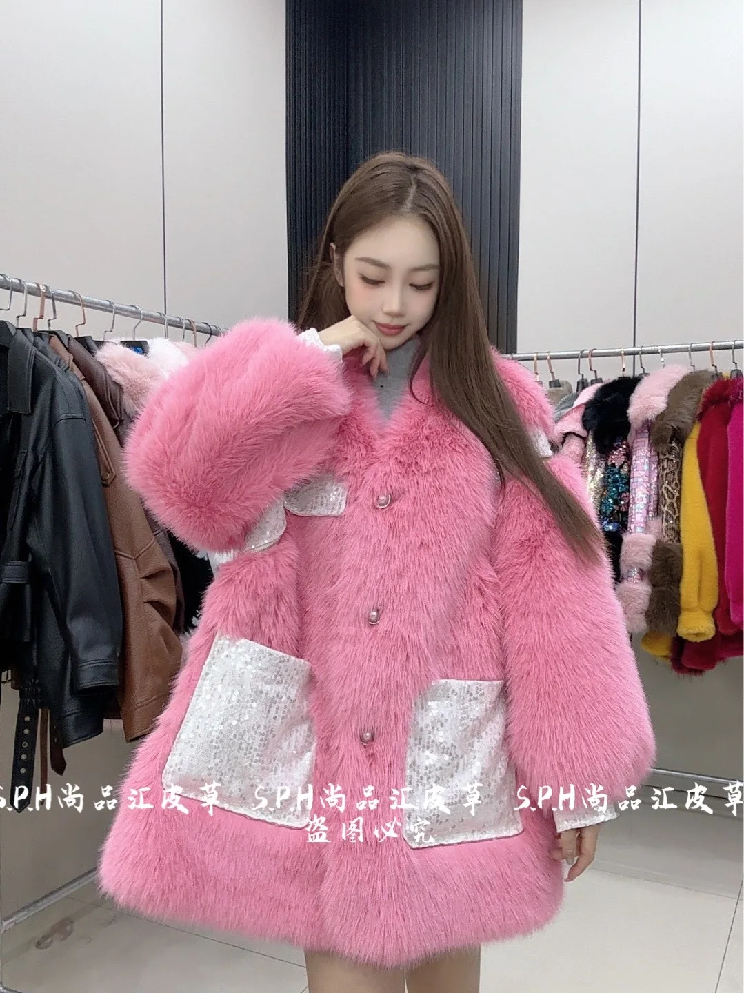 Detachable Long Sleeve Women's Winter Thick Heavy Sequin Faux Fur Coat 2025 Winter Coat Women Pocket Sequin Pink Jacket