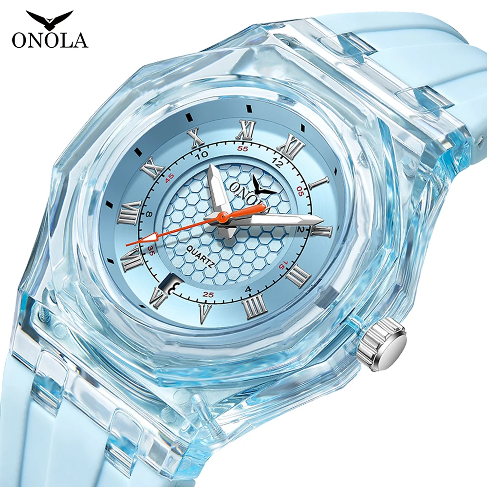 ONOLA 3857 Fashion Couple Watch Mens Sports Waterproof Transparent Plastic Silicone Calendar Luminous Quartz Watches for Man