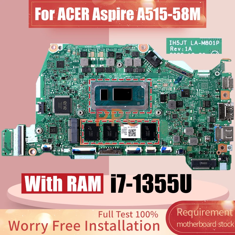 For ACER Aspire A515-58M Notebook Mainboard LA-M801P SRMLY i7-1355U With RAM NBKMC1100C Laptop Motherboard Full Tested