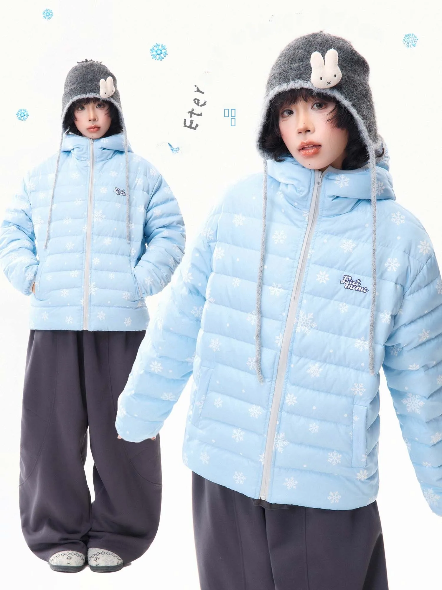 

Lightweight Fluffy White Du down Jaet Women's Winter Coat MKGO Snowflake Print Loose Fit Casual Sle Zipper ket