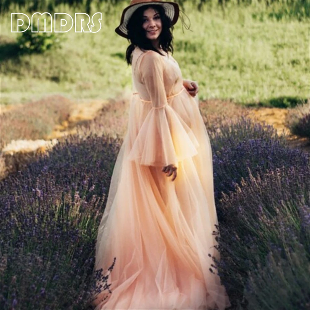 Women's Tulle Maternity Dress Photo Shoot Materinity Robe Peach Flare Sleeves Boudoir Dresses Fluffy Gown