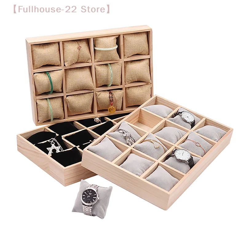MAX-22Solid Wood 12 Digit Pillow Plate Watch Jewelry Bracelet Storage Display Case Organizer With Removable Flannel Pillows