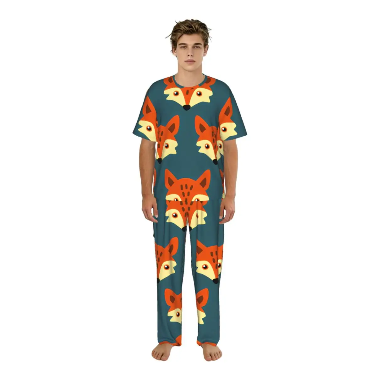 

Men's Casual Pajamas Sets Short Sleeve and Pants Sets Male Sleepwear Cute Little Fox Home Clothes