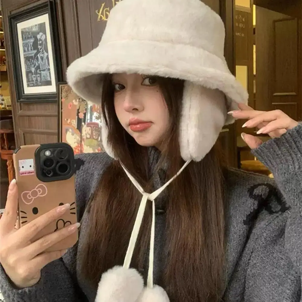 

2025 Korean Faux Fur Hats Super Soft Women Winter Hat Cotton Lining Warm Fisherman Cap Fashion Ski Beanies Windproof Panama Cap