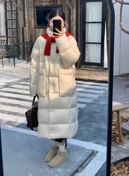 American Stand Collar Large Pockets Down Jacket Thickened Warm White Duck Down Jackets for Women Winter Warm Bread Clothing Coat