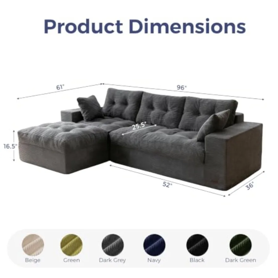 Boneless Couch, 96-Inch L-Shaped Cloud Couch with Ottoman