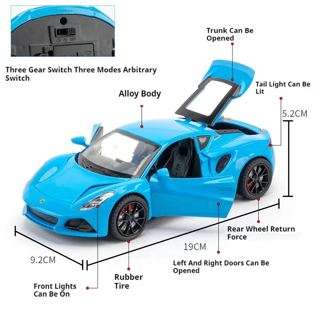 1/24 Lotus Emira Alloy Diecast Sports Car Model Toys Simulation Electric Vehicles with Sound Light Pull Back Toys Car for Boys