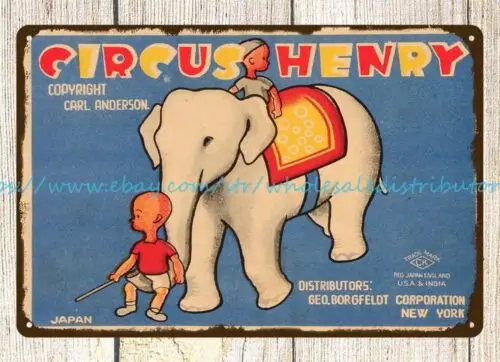 JAPANESE CELLULOID WIND-UP CIRCUS HENRY ON ELEPHANT TOY tin sign wall deco