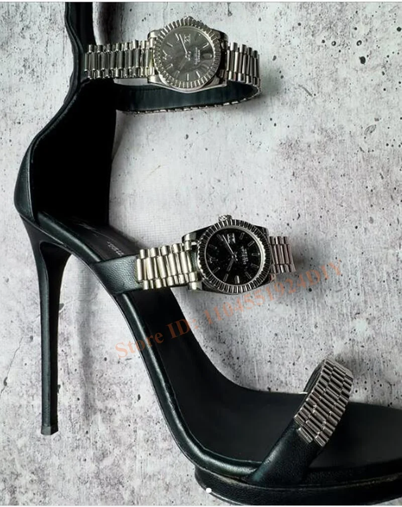 Designer Uhr Gürtel Riemen Aushöhlen Frauen Dünnen Absätzen High Heel Sandalen Frauen Knielangen Stiletto Sommer Schuhe Sandale Boot