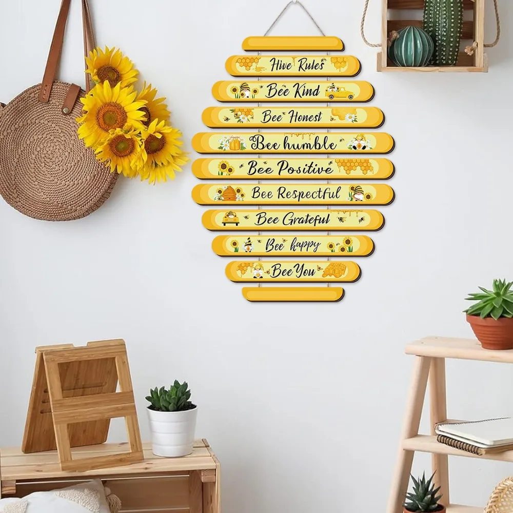 

Spring Autumn Bee Wall Decoration Plaque Daisy Sunflower Wall Art Wooden Bee Pendant Funny Bee Nest Hanging Ornament