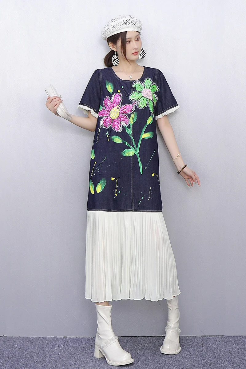 2025 Zomer Nieuwe Elegante Vrouwen Losse Geborduurde T-shirts Lange Jurken Dames Korte Mouw Mode Jurk Groothandel J1222