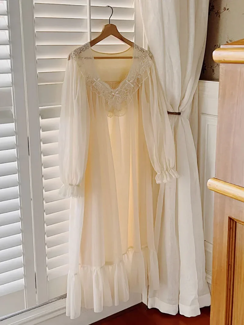 French Fairy Mist Mesh Sleepwear Nightdress Women Pure Cotton Fantasy Robe Princess Ruffles Dress Spring Victorian Nightgowns