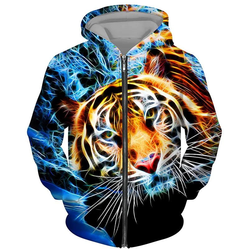 

Trend Tiger Pattern Zip Up Hoodies For Men Fashion Autumn Long Sleeve 3D Animals Printed Pullovers Loose Streetwear Cool Hoodie