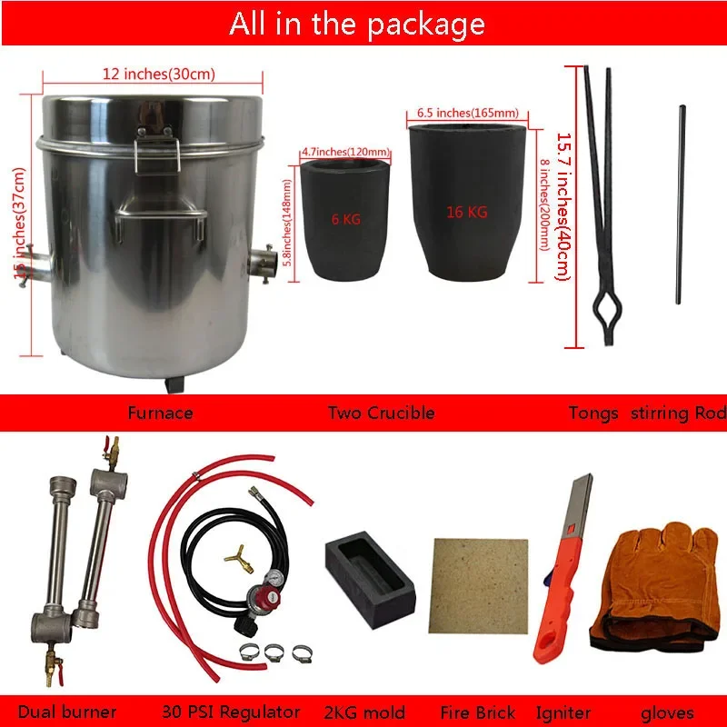 16 KG Large Gas Metal Melting Furnace Kit 2642°F / 1450°C Propane Forge Dual Burner 2 Crucibles Foundry Home Kiln Casting Tools