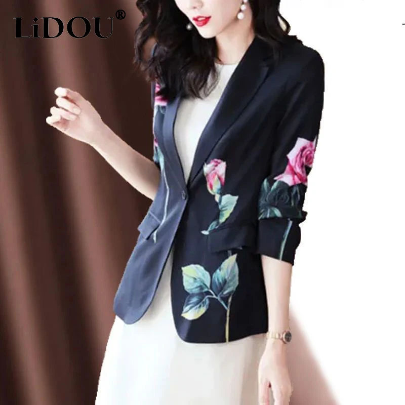 Spring Summer Elegant Fashion Print Blazers Lady Temperament All-match Loose Casual Suit Top Women Female One Button Coat Jacket