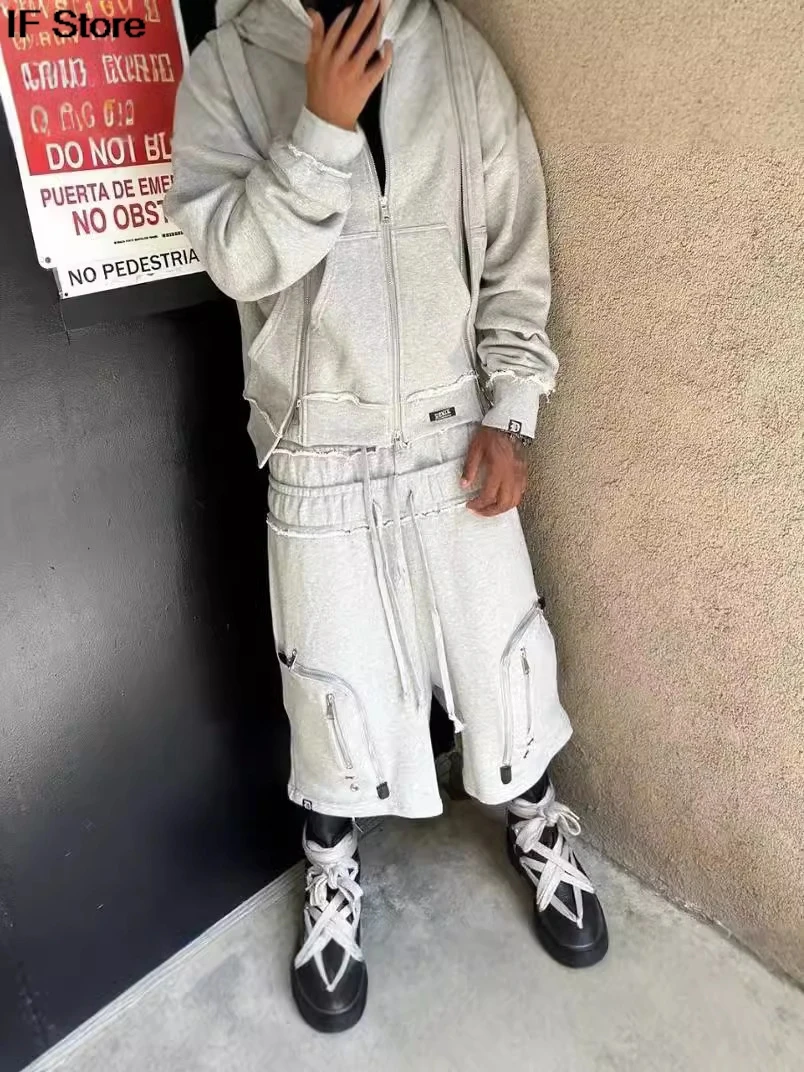 

Streetwear Zip Hoodie Shorts Suit Y2K Clothes Mens Two Piece Set Hip Hop Rock Double Layer Retro Sweatshirt Casual Shorts Suit