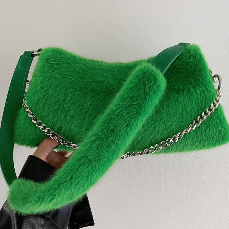 

Green Plush Underarm Purses and Handbags Three In One Chain Shoulder Designer Bag Hot Girl Wool Texture