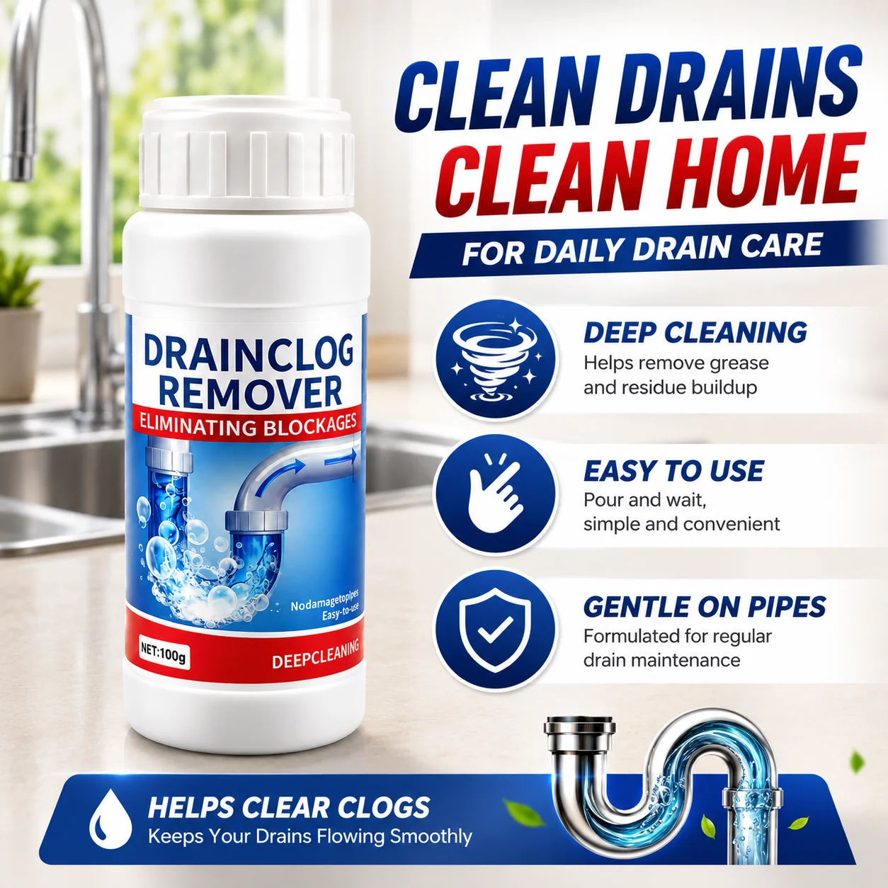 100g Drain Clog Remover Powder, Kitchen Sink Pipe Cleaner, Grease Food Buildup Cleaner, Fast Acting Drain Cleaner