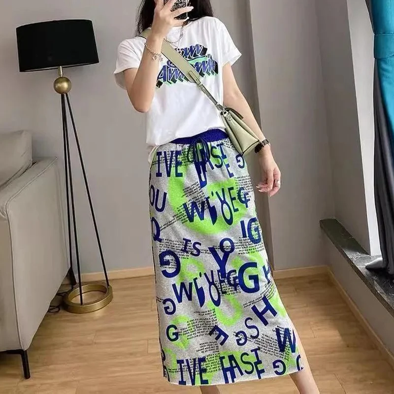 Summer New Round Neck Fashion Short Sleeve All-match T-Shirts and Elastic Waist Slim Pockets Drawstring Chic Printing Skirts