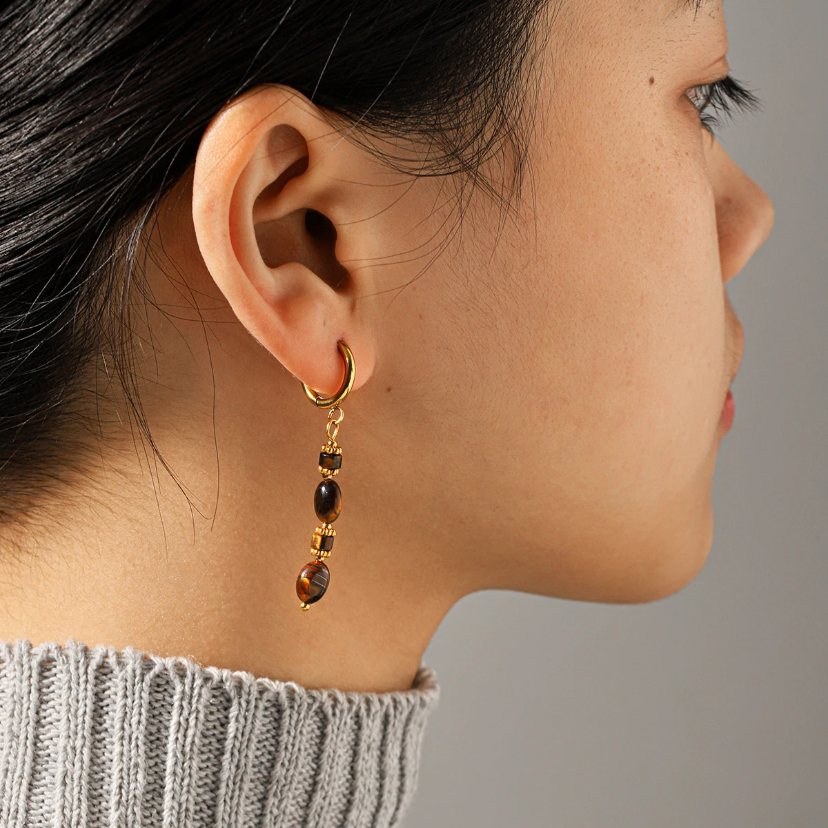 Chic Gold Tiger Eye Dangle Earrings Set 4Pcs Tassel Chain Hoop Earrings Hypoallergenic Tarnish Resistant Party Jewelry